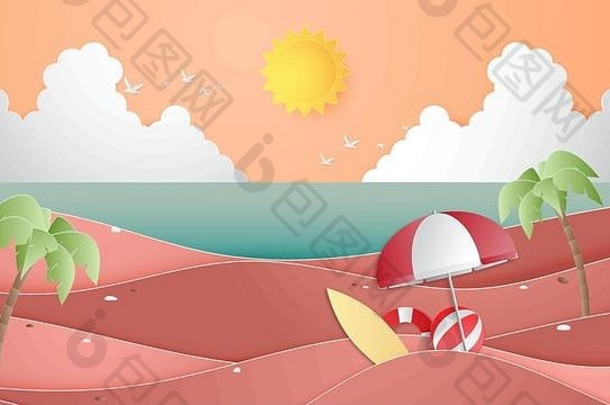 有创意的插图夏天背景概念景观海滩海夏天季节设计宣传册网络横幅摩天观景轮邀请回来