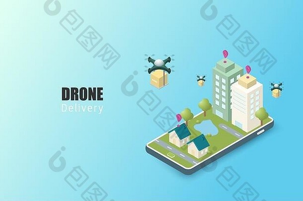 在线交付服务概念等角移动订单跟踪交付drones目的地在线城市<strong>物流</strong>交付智能手机vect
