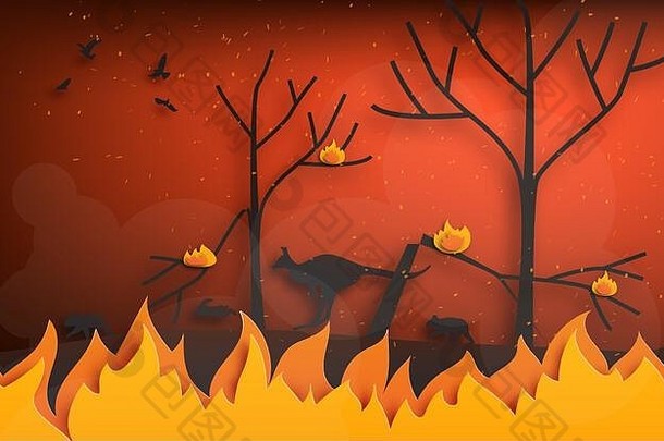 森林火灾轮廓野生动物逃离火纸减少风格数字工艺纸艺术