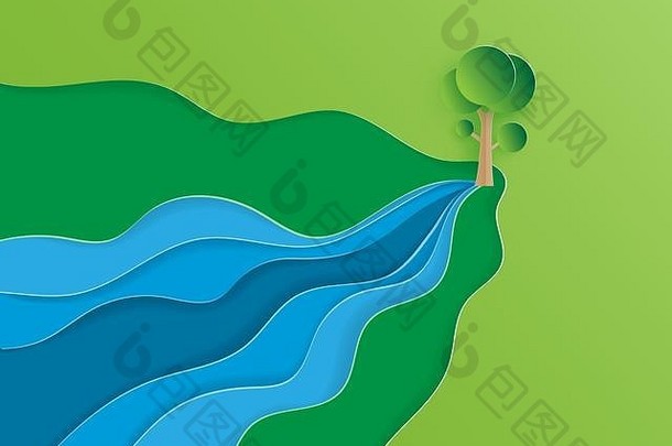 有创意的插图生态环境保护概念纸减少风格水流树描述了森林起源