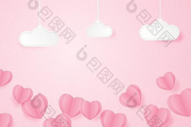情人节一天横幅心形状浮动粉红色的背景挂云纸减少风格数字工艺纸艺术概念