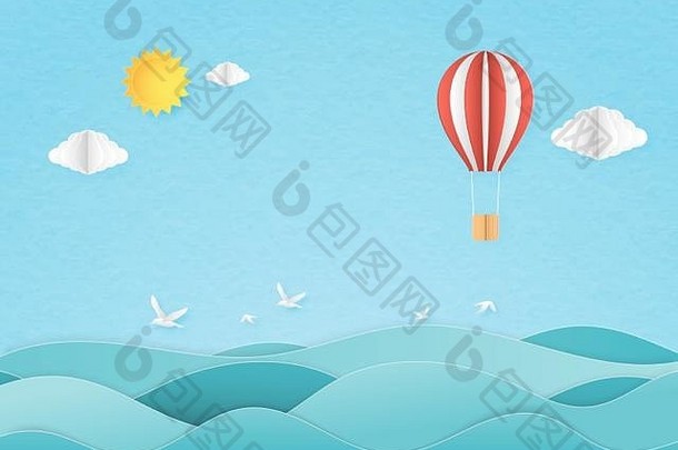 插图旅行假期时间折纸使红色的白色热空气气球飞行海景太阳云海鸥蓝色的天空