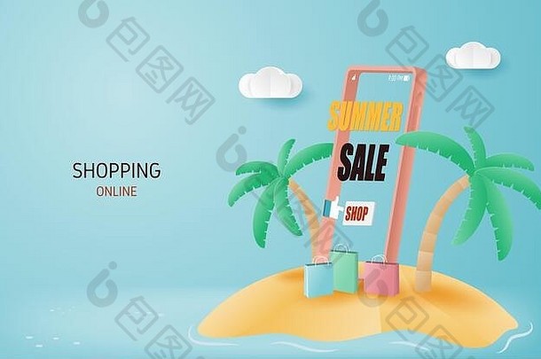 夏天出售在线购物横幅概念纸艺术工艺使智能手机购物袋岛