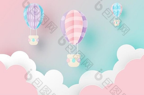 复活节背景概念复活节蛋气球天空纸减少风格柔和的颜色