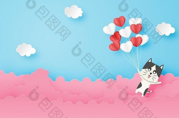 插图爱快乐猫浮动天空心形状气球纸减少风格数字工艺纸艺术情人节一天概念