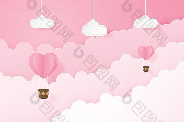 情人节一天横幅心形状热空气气球浮动天空挂云纸减少风格数字工艺纸艺术概念