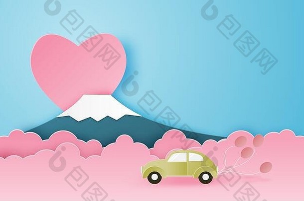 插图爱情人节一天问候卡纸减少风格度蜜月旅行日本数字工艺纸艺术