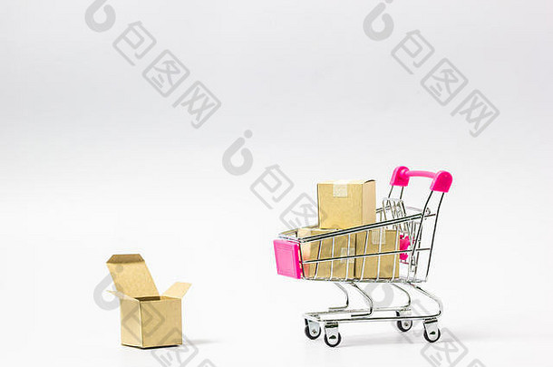 在线市场的地方电子商务概念购物车纸纸箱准备好了商店白色背景命令客户媒体