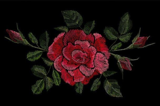 刺绣少数民族花脖子行花设计图形时尚穿红色的玫瑰黑色的背景