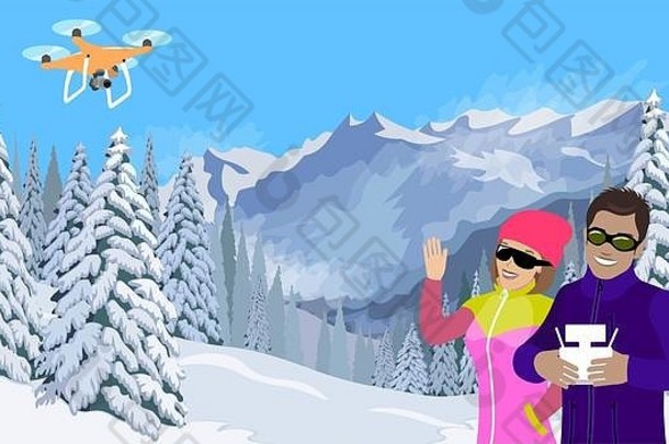 山冬天雪景观背景夫妇旅行浪漫的自拍无人机<strong>照片视频</strong>博主视频