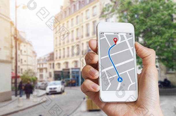 旅游全球定位系统(gps)地图导航应用程序智能手机屏幕方向目的地地址城市街道旅行技术