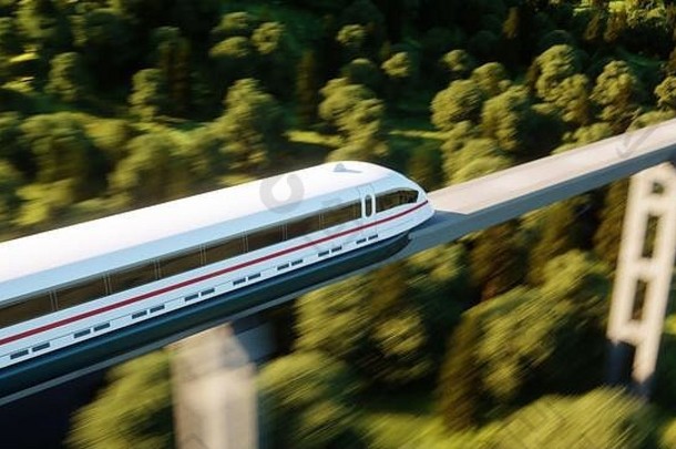 未来主义的现代磁悬浮火车通过单铁路生态未来概念空中自然视图呈现