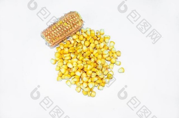 玉米种子去皮耳朵玉米堆栈玉米种子白色背景