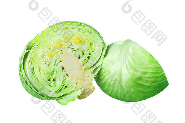 绿色多叶的卷心菜半白色背景孤立的关闭把块成熟的白色卷心菜头新鲜的切片蔬菜设计元素