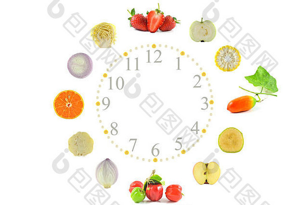 水果蔬菜时钟白色背景