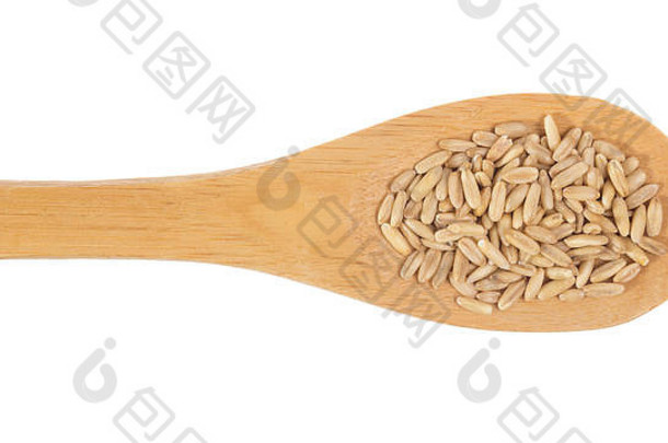 燕麦属漂白亚麻纤维卷科学燕麦麦片粮食阿维亚燕麦属谷物木竹子勺子白色背景