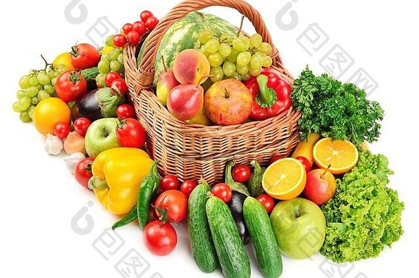 水果蔬菜篮子孤立的白色背景