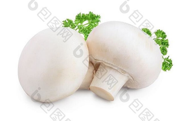 新鲜的蘑菇食用香草孤立的白色背景剪裁路径