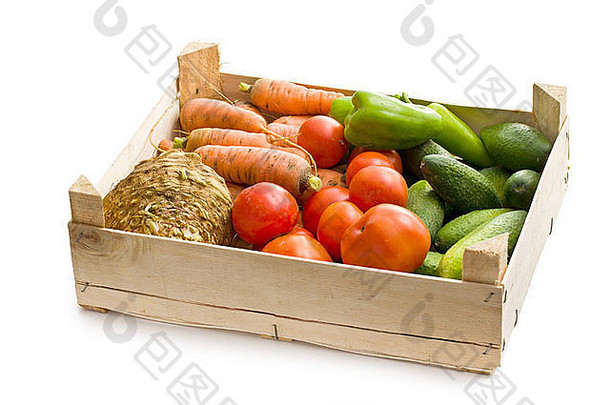 蔬菜木盒子白色背景