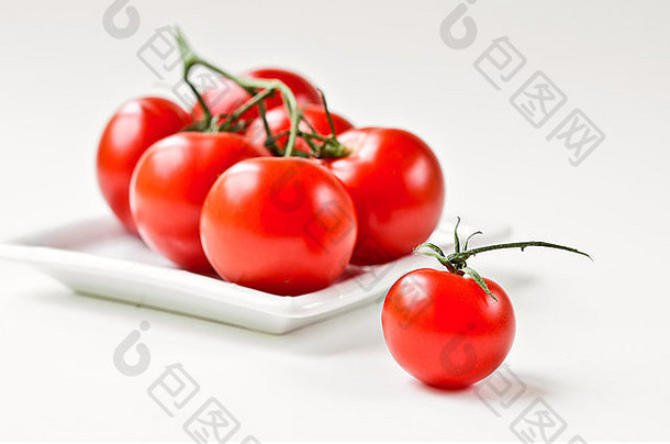 新鲜的tomatoes-on-vine白色广场板白色背景