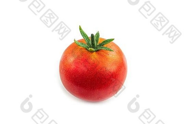 成熟的红色的番茄绿色尾巴白色背景宏照片