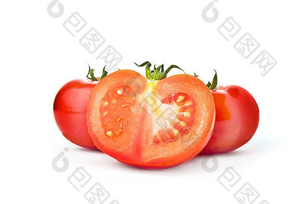 新鲜的红色的<strong>番茄</strong>一半片<strong>白</strong>色背景美味的有机蔬菜健康的吃