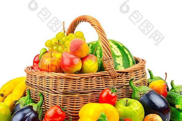 集合水果蔬菜篮子孤立的白色背景