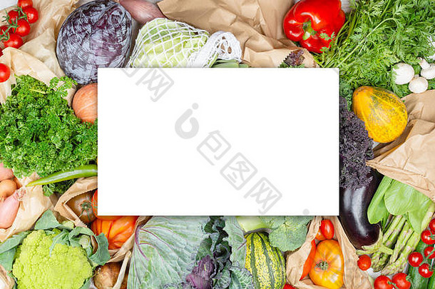 塑料购物概念分类色彩斑斓的健康的蔬菜卷心菜西红柿西兰花欧芹南瓜辣椒大蒜白色孤立的纸前文本