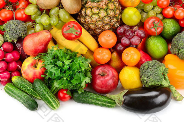 集合明亮的新鲜的水果蔬菜孤立的白色前视图