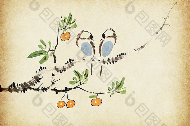 传统的中国人绘画枇杷鸟纸背景