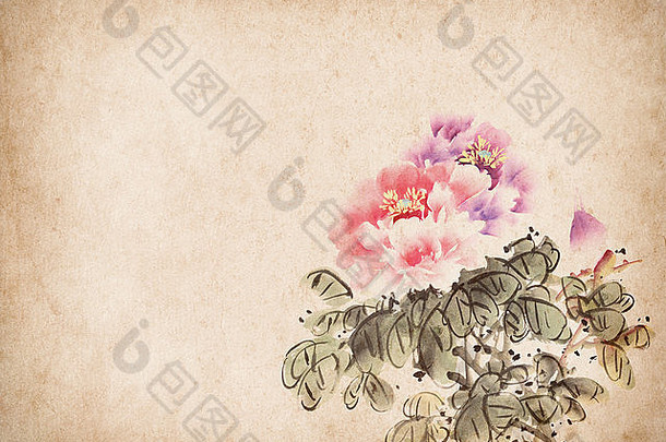 牡丹花传统的中国人墨水洗绘画