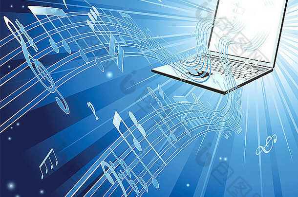 蓝色的移动PC电脑音乐背景音乐的笔记流媒体移动PC