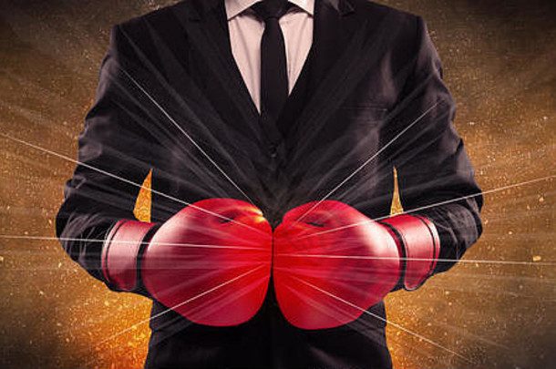成功的强大的业务人红色的拳击手套概念说明权力行块下降前面爆炸