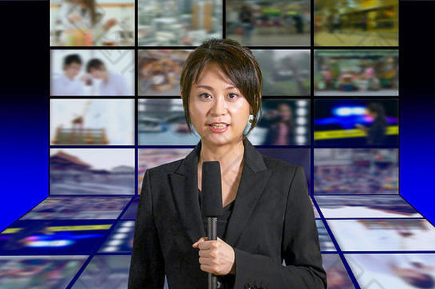 亚洲美国女新闻锚工作室屏幕背景