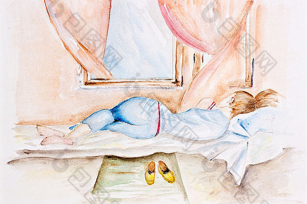 早....春天年轻的微风概念女孩睡觉开放窗口水彩手工制作的画艺术插图