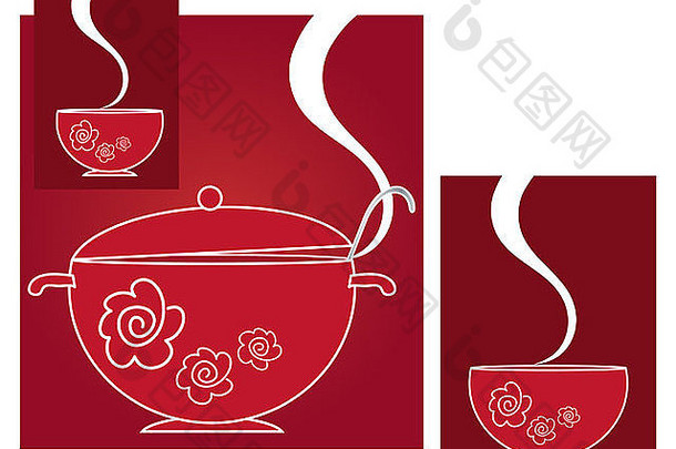 插图红色的汤盖碗热气腾腾的碗摘要设计白色空间文本