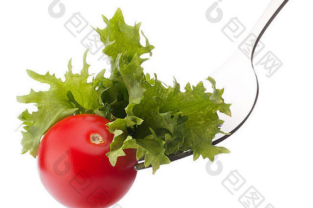 新鲜的沙拉樱桃番茄叉孤立的白色背景断路健康的吃概念