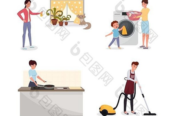 家庭做家务平插图集男人。真空更清洁的妈妈儿子加载洗机女人烹饪晚餐cliparts包国内家务字符家庭电器