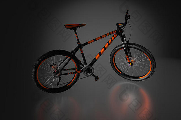 黑色的反映地板上一边橙色黑色的山自行车品牌