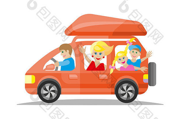 快乐家庭旅行红色的车平