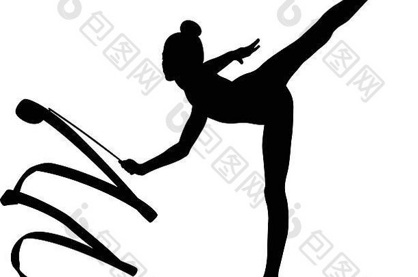 女孩体操运动员黑色的轮廓锻炼丝带有节奏的体操