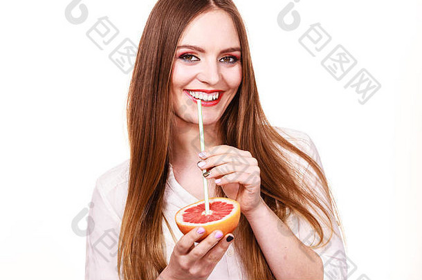 女人有吸引力的长头发女孩色彩斑斓的眼睛化妆持有葡萄柚柑橘类喝汁水果健康的<strong>饮</strong>食食物夏天假期假期