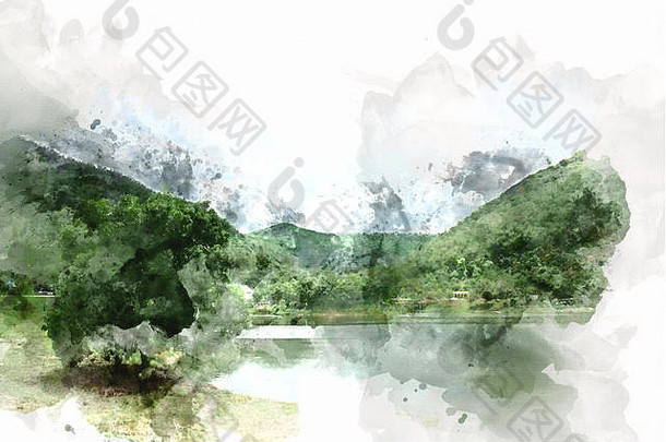 摘要色彩斑斓的山场景观水彩插图绘画背景