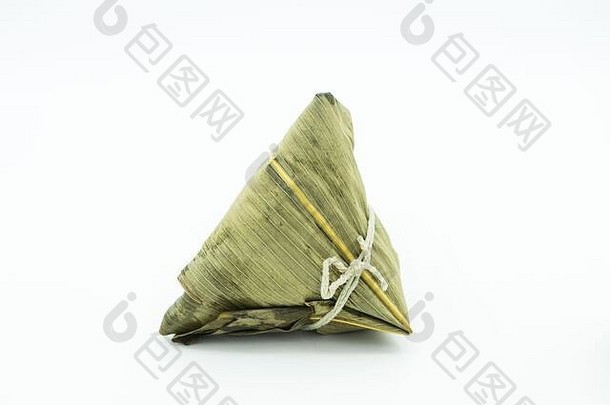 特写镜头视图粽子传统的中国人大米菜使糯米大米塞馅料包装里德叶子