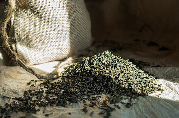 中国人绿色茶堆茶叶子变形亚麻桌布芳香健康的喝广泛世界