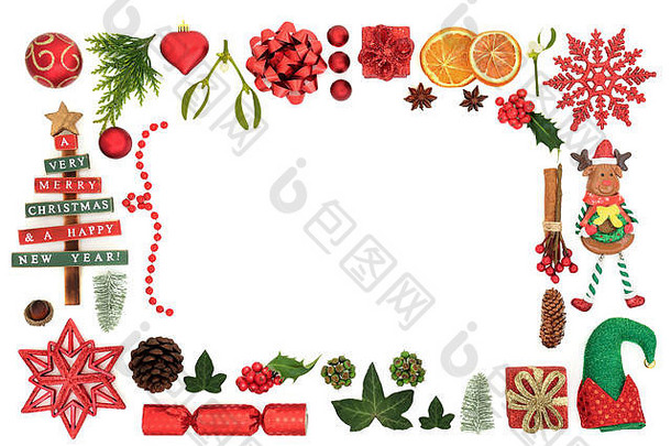 圣诞节装饰背景边境节日树小玩意装饰冬天外面食物符号白色背景复制空间