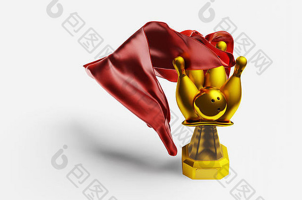 红色的织物一块采取打保龄球黄金奖杯白色背景