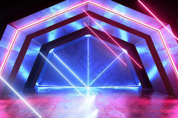 霓虹灯灯未来sci隧道走廊发光的紫色的蓝色的充满活力的场景讲台上俱乐部晚上黑暗激光显示混凝土难看的东西反光呈现
