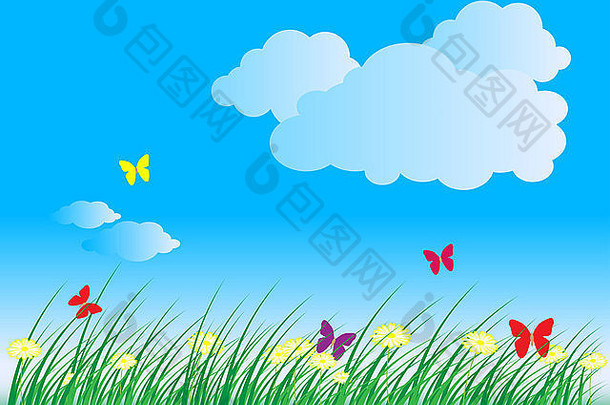夏天春天自然背景草蝴蝶黛西花蓝色的天空