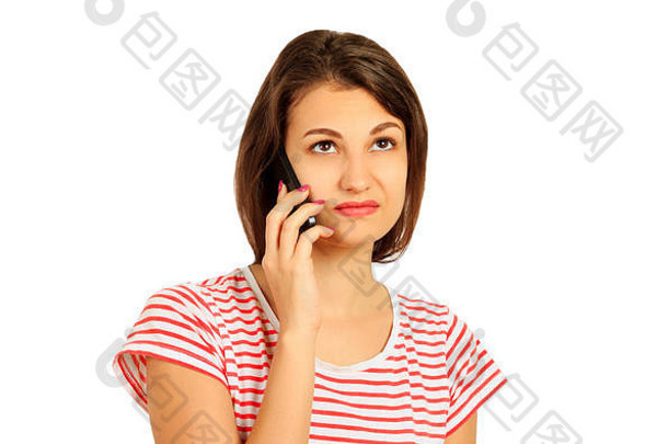 不满的女孩会说话的移动电话困惑情感女孩孤立的白色背景